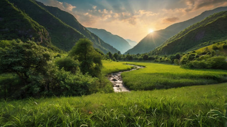Landscape of green rice field and river in valley at sunset.の写真素材