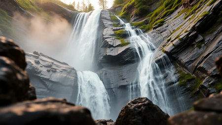 Beautiful waterfall in mountains. Long exposure shot. Toned.
