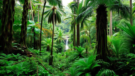 tropical rainforest with waterfall and palm trees in the rainforestの写真素材