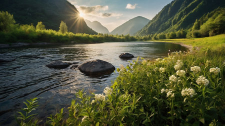 Panoramic view of the mountain river at sunset. Beautiful summer landscape.