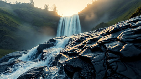 Waterfall in the mountains at sunset. Beautiful summer landscape with waterfallの写真素材