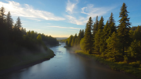 Panoramic view of the river and coniferous forest.
