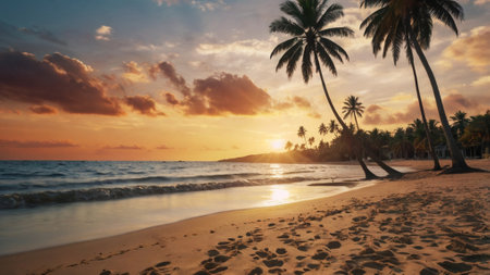 Tropical beach with palm trees at sunset.の写真素材