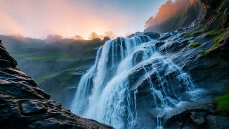 Beautiful waterfall in the mountains at sunrise. Long exposure shot.