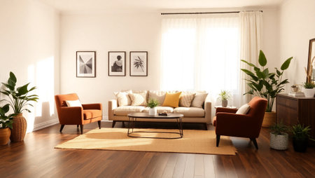 Interior of modern living room with comfortable sofa, armchairs and plantsの写真素材