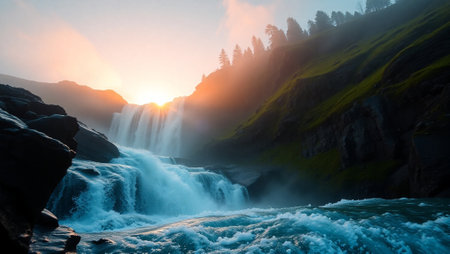 Beautiful view of Skogafoss waterfall at sunset, Iceland