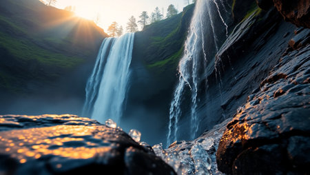 Beautiful waterfall in the mountains at sunrise. The concept of active and photo tourism