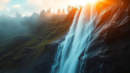 Fantastic waterfall in the mountains at sunset. 3d renderingの写真素材