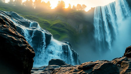 Sunset at a waterfall. Beautiful nature backgroundの写真素材