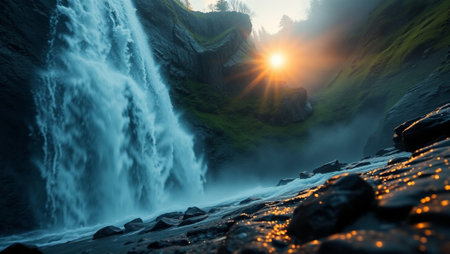 Fantastic sunset over the waterfall in the mountains, Iceland, Europe