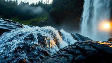 Beautiful waterfall in the mountains at sunset. Beauty in nature.の写真素材