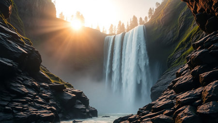 Sunset view of Seljalandsfoss waterfall, Iceland