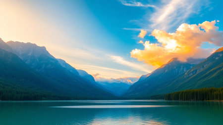 Sunset over Lake Louise in Banff National Park, Alberta, Canadaの写真素材