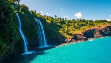 Tropical waterfall with turquoise water and green hills in the background