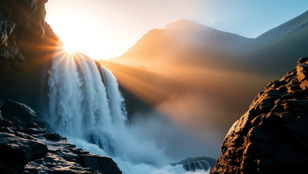 Sunrise over Seljalandsfoss waterfall, Iceland.