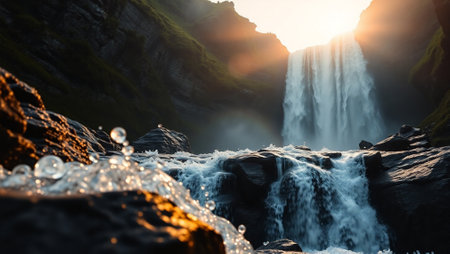 Waterfall in the mountains of Iceland. Beautiful landscape with waterfall and sunlight