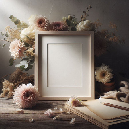 Blank photo frame mockup with dried flowers on wooden table.の写真素材