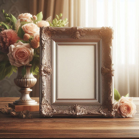 Vintage photo frame and flowers on wooden table. Mock up, 3D Rendering
