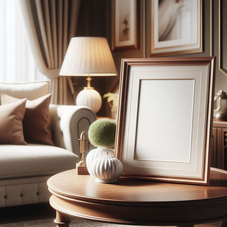 Vintage photo frame on the table in living room, interior design