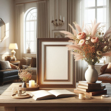 Interior of modern living room with mock up poster frame, books, coffee table, sofa, coffee table...