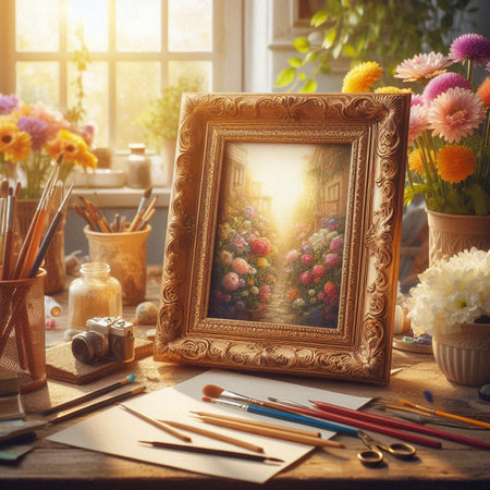 Artistic workspace with paintbrushes and picture frame on wooden tableの写真素材