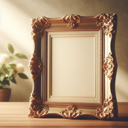 Vintage photo frame on wooden table in room. Mock up, 3D Renderingの写真素材