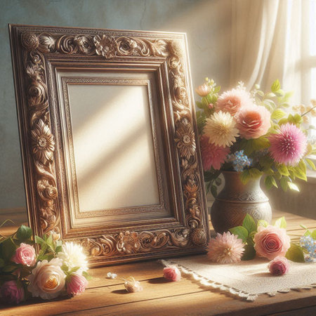 Vintage photo frame and bouquet of flowers on wooden table.