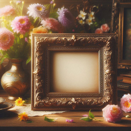 Vintage photo frame with flowers on wooden table. Photo in old image style.の写真素材