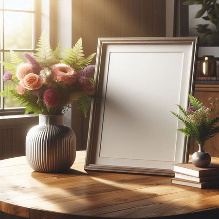 Blank picture frame mockup on wooden table with vase of flowers. 3d render