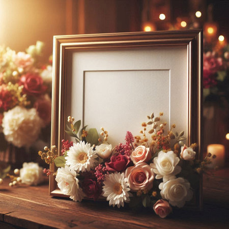 Beautiful bouquet of flowers with empty picture frame on wooden table