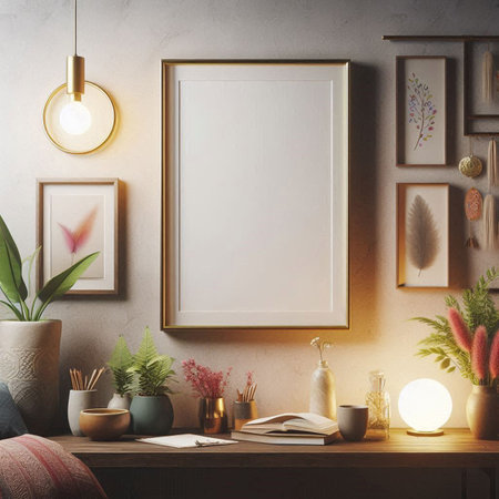 Mock up poster frame in hipster interior background, 3D render illustration