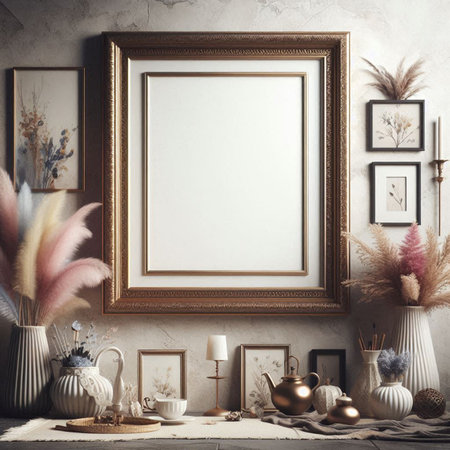 Mock up poster frame in interior background. 3D render illustration