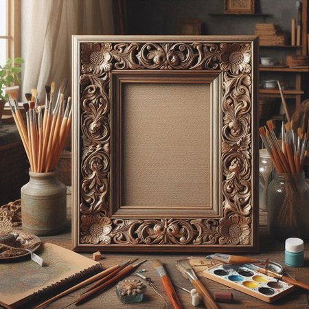 Vintage picture frame with blank canvas, brushes and paints on wooden table. Mock up, 3D Rendering
