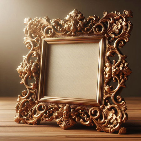 Vintage photo frame on wooden background. 3d render illustration.の写真素材