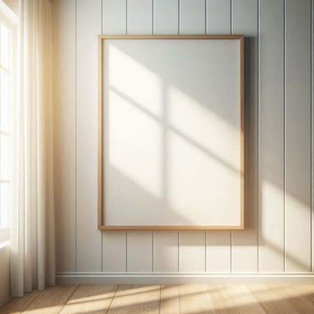 Wooden frame on the wall. 3d rendering, mock up