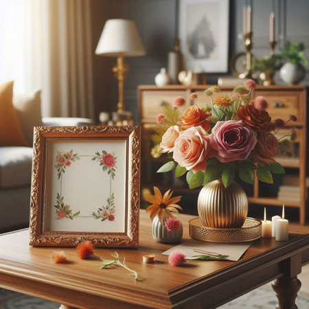 Vase with beautiful flowers on table in living room. Interior design