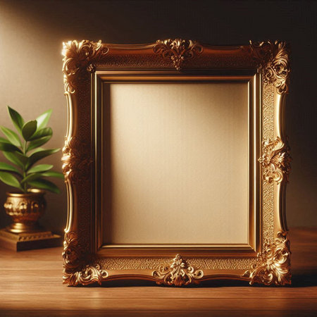 Golden vintage picture frame on wooden background. 3d rendering mock up