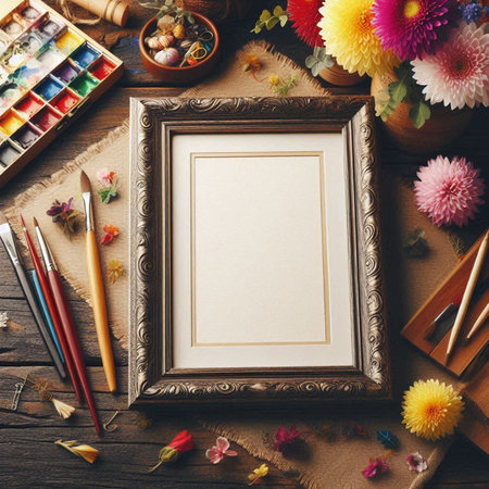 Picture frame and artist tools on wooden table. Top view with copy spaceの写真素材