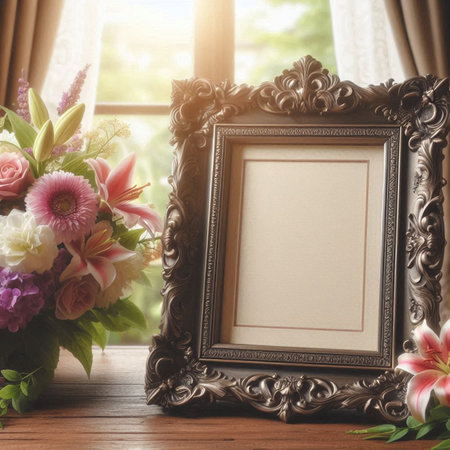 Vintage photo frame and flowers on wooden table with window background.