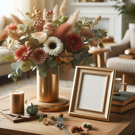 Bouquet of flowers in golden vase with photo frame on wooden tableの写真素材