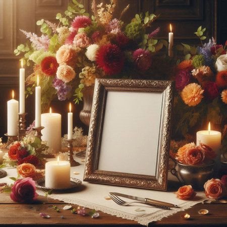 Vintage photo frame with flowers and candles on wooden table in dark roomの写真素材