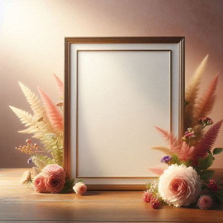 Blank photo frame mockup with flowers on wooden table. 3d renderingの写真素材