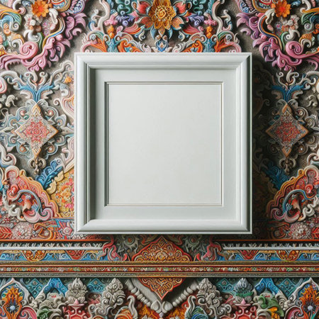 White picture frame on vintage wallpaper. Mock up, 3D Rendering