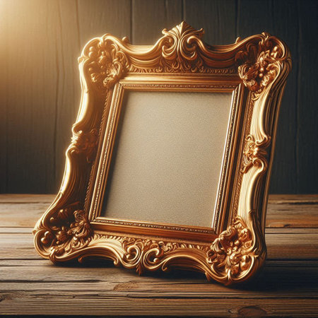 Vintage photo frame on wooden background. Mock up, 3D Renderの写真素材