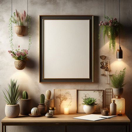 Mock up poster frame in hipster interior background, 3d render