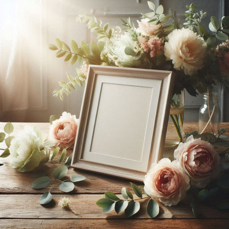 Bouquet of flowers with vintage photo frame on wooden table.