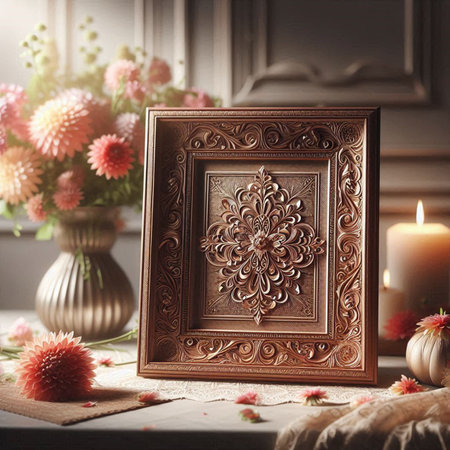Wooden picture frame with flowers in vase on wooden table.の写真素材