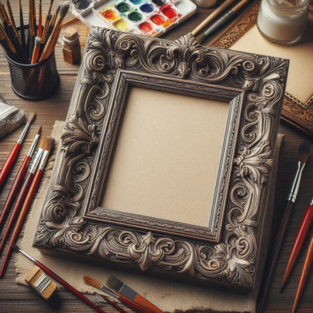 Old picture frame with artist tools on wooden background. Top view.