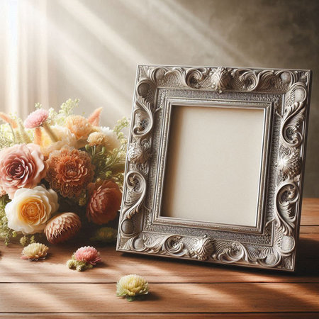 Vintage photo frame and bouquet of flowers on wooden background.の写真素材