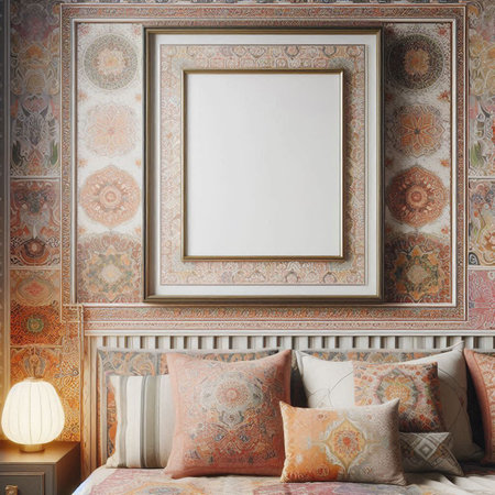 Mock up poster frame in classic bedroom interior. 3d renderの写真素材